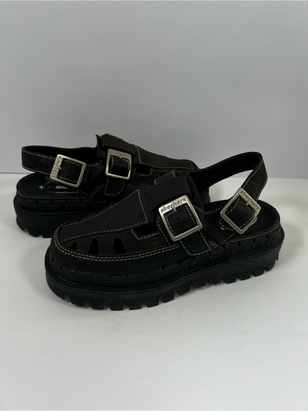 Vintage Skechers Jammers Tough Shoes Sandals Black Leather Fisherman Chunky 7